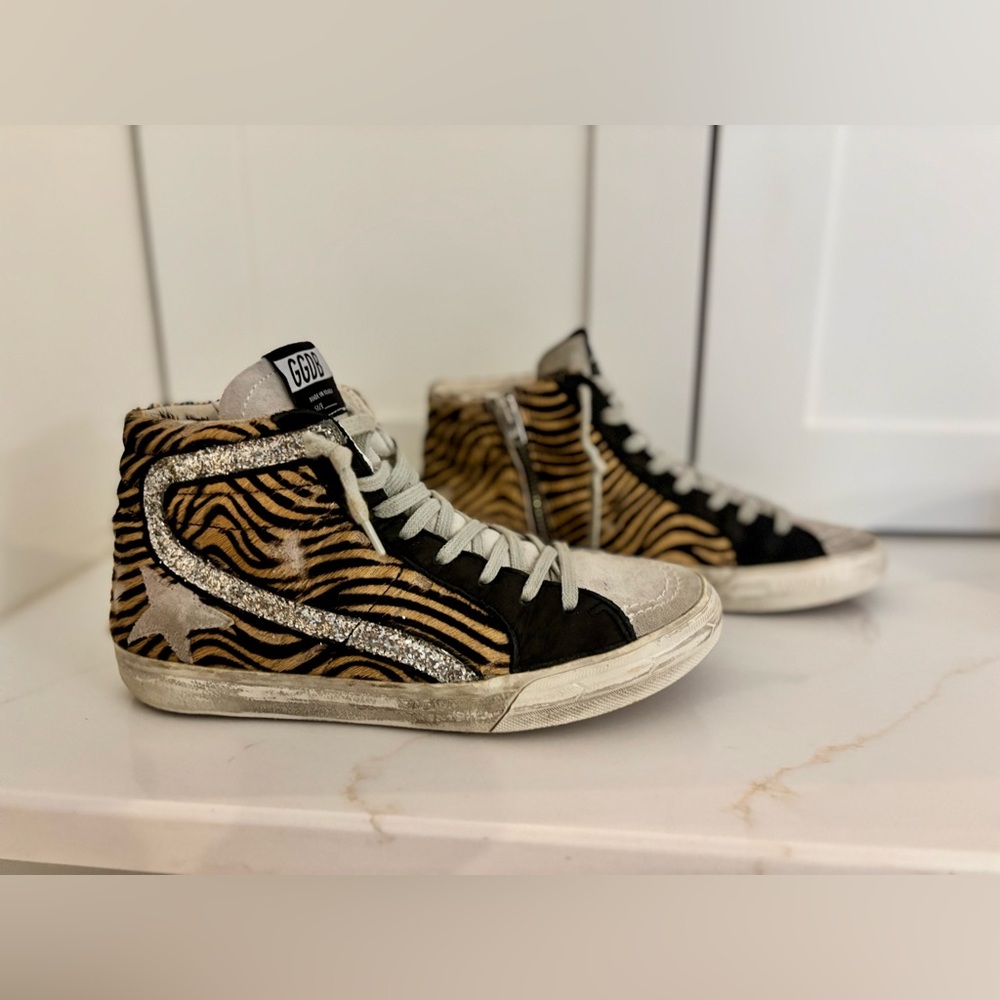 Golden Goose Slide Tiger Stripe Glitter Star High Top Sneakers EU 39 Distressed